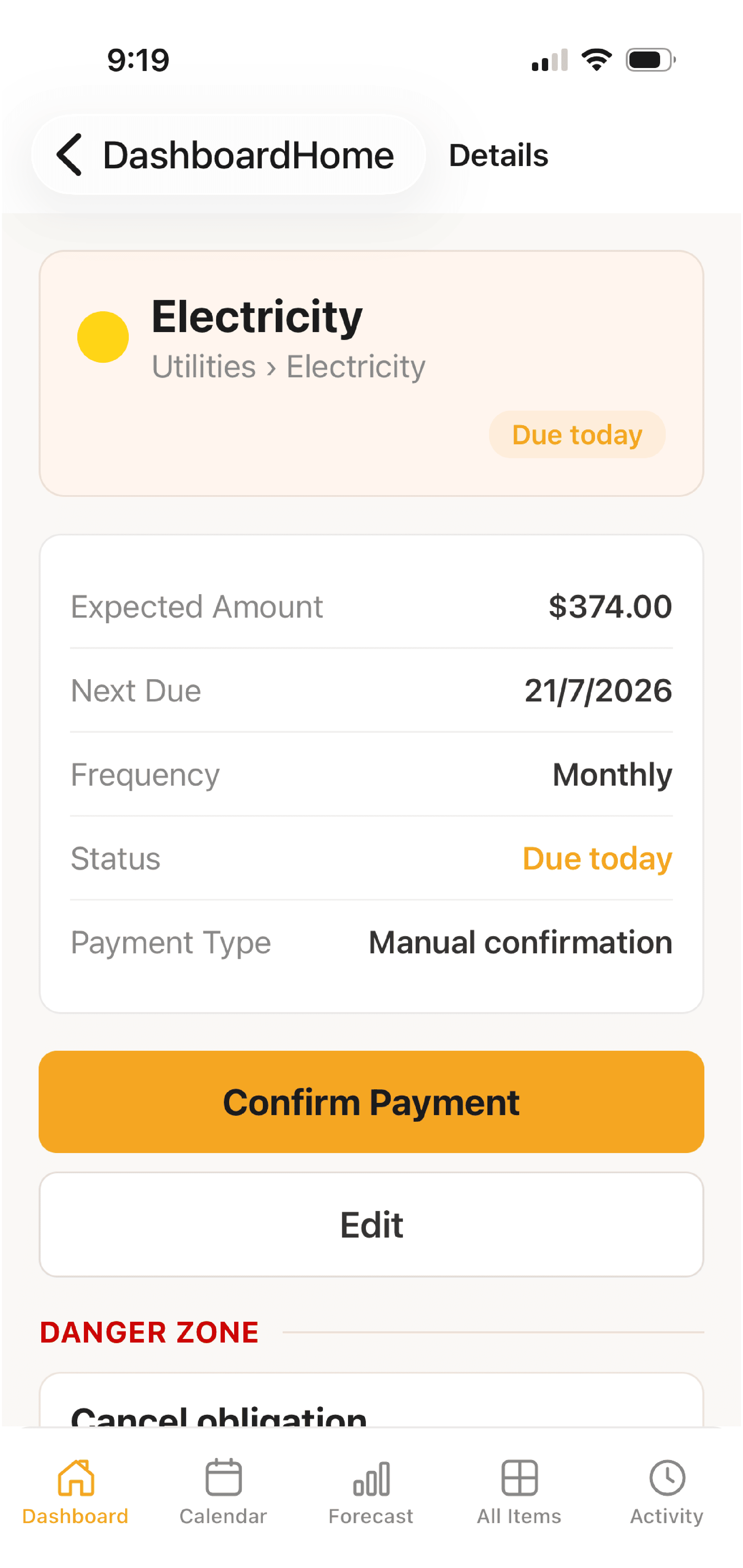 Confirm payment screen