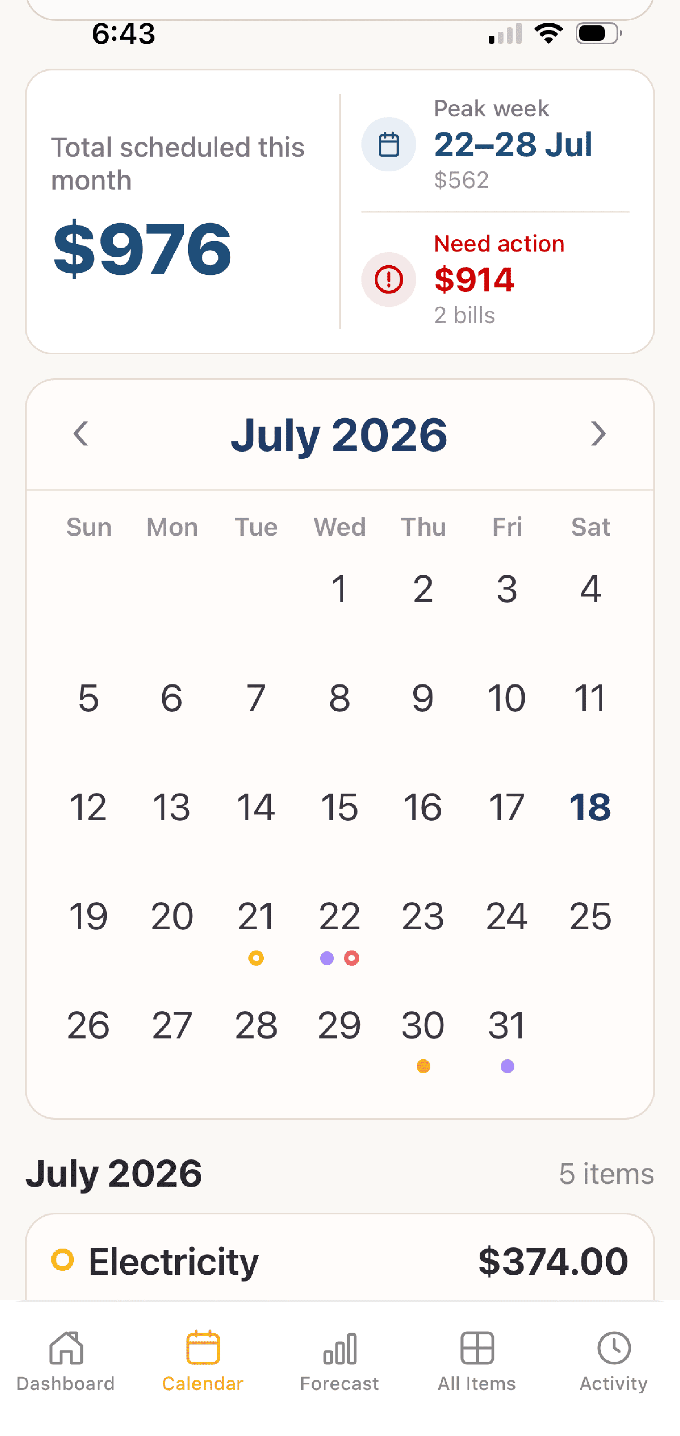 Calendar screen